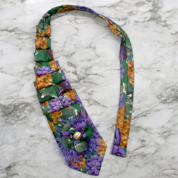 HAND CRAFTED Scarf Necklace Wrap Accessory Upcycled Necktie Purple Floral Grapes - Picture 4 of 11